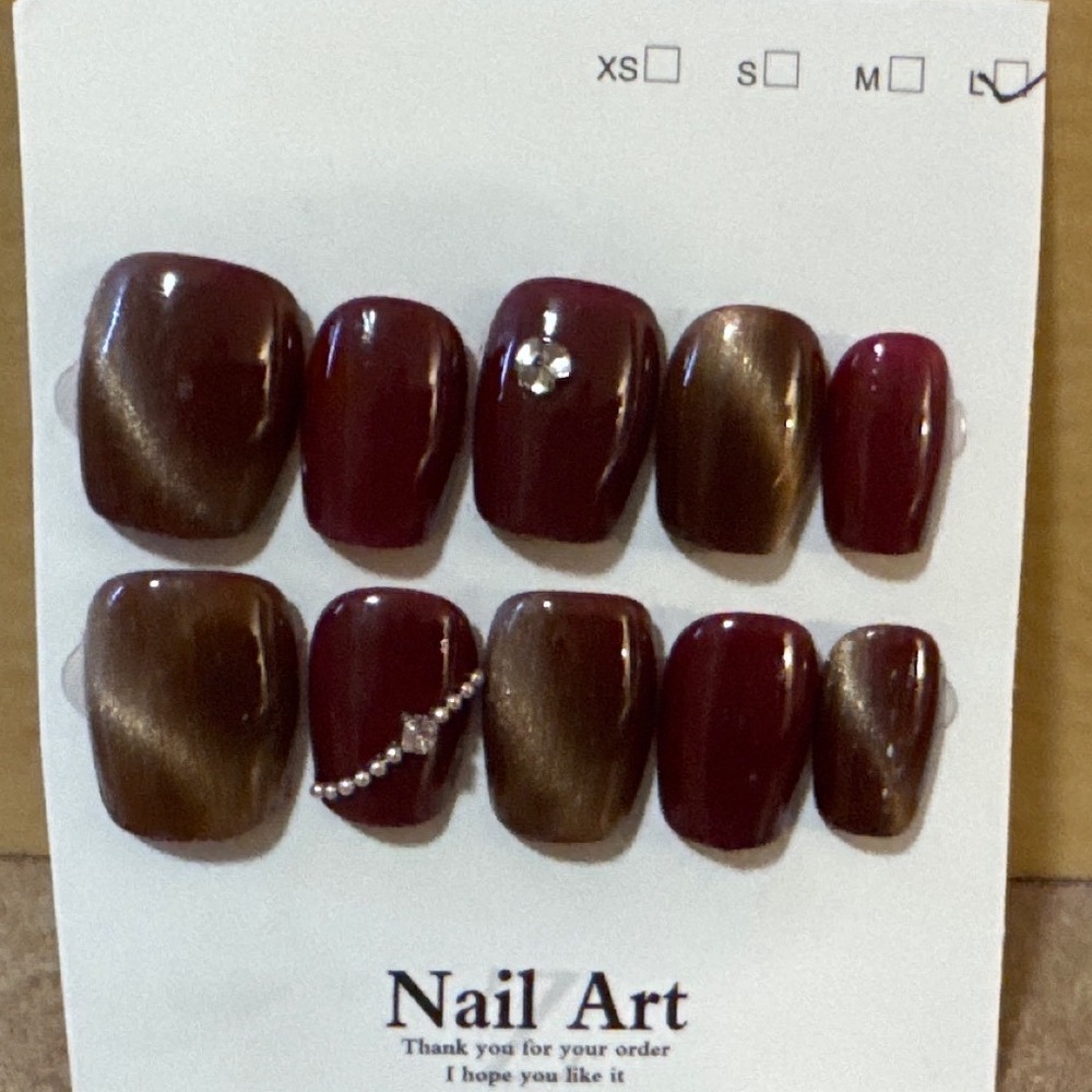 Burgundy Cat Eye Press On Nails Short Square Rhinestone Accent Size Large NEW